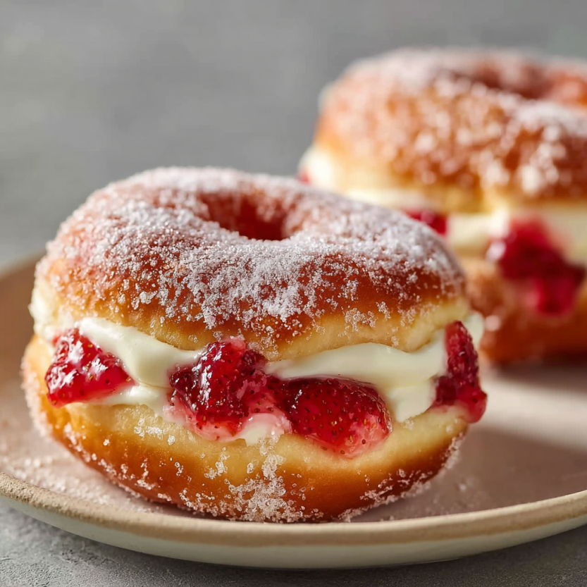 A delicious strawberry cheesecake donut.