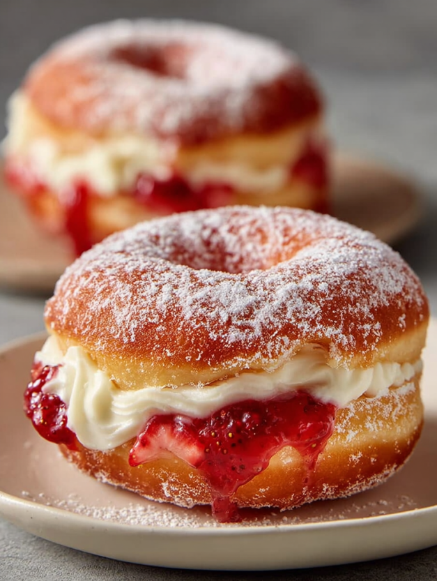 A delicious strawberry cheesecake donut.