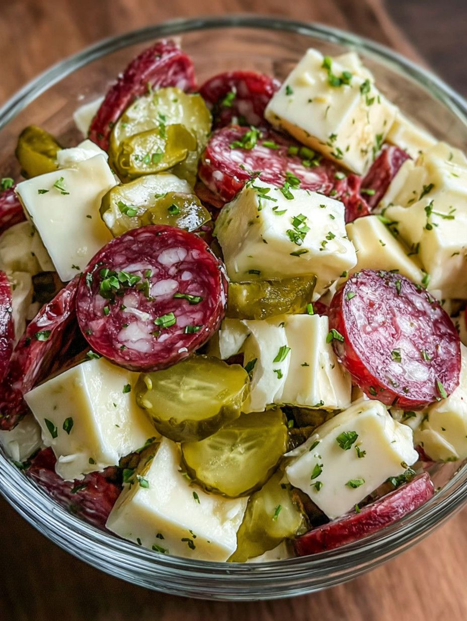 A bowl of marinated cheese with salami.