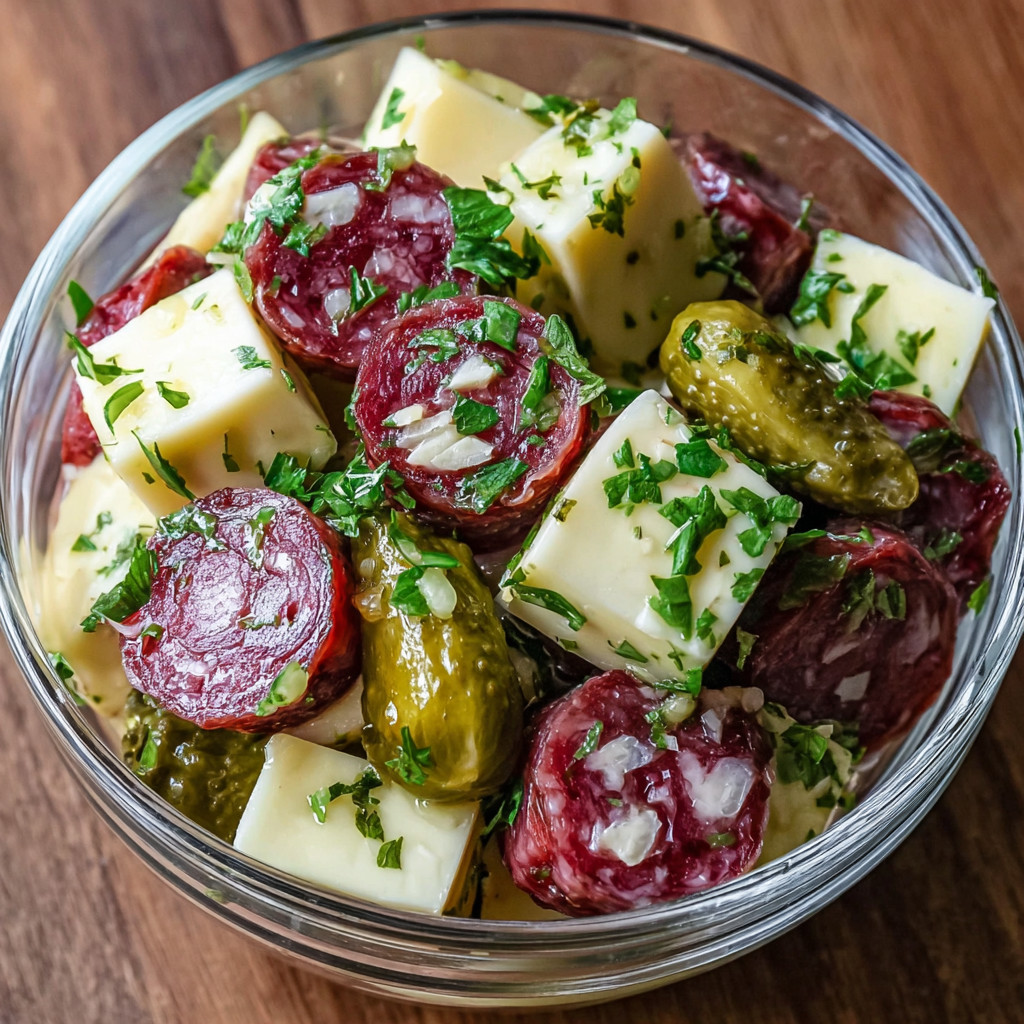 A bowl of marinated cheese and salami.
