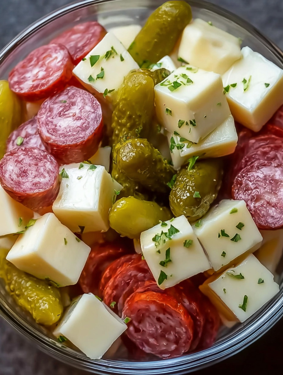 A bowl of marinated cheese with salami.