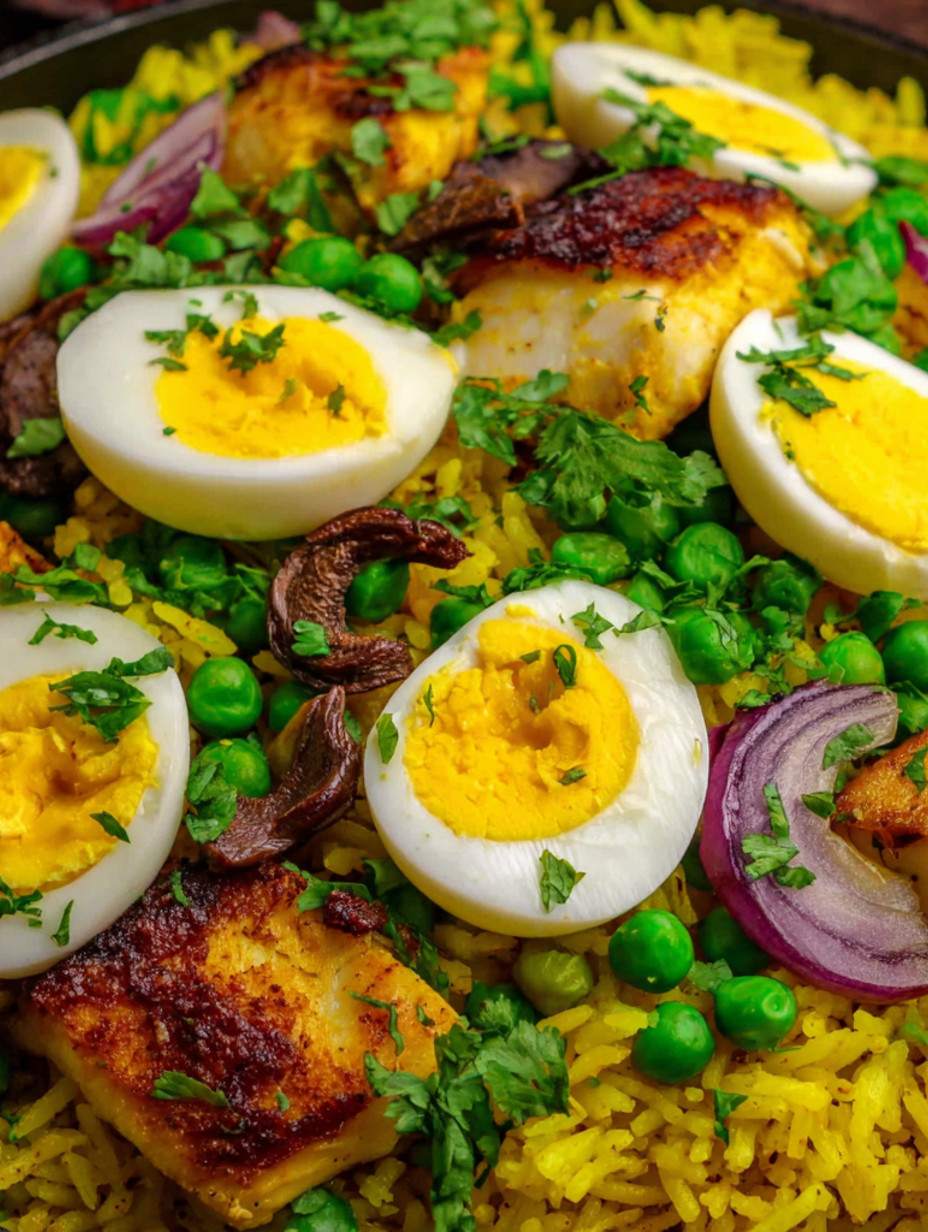 A close up of a dish with eggs, peas, and rice.