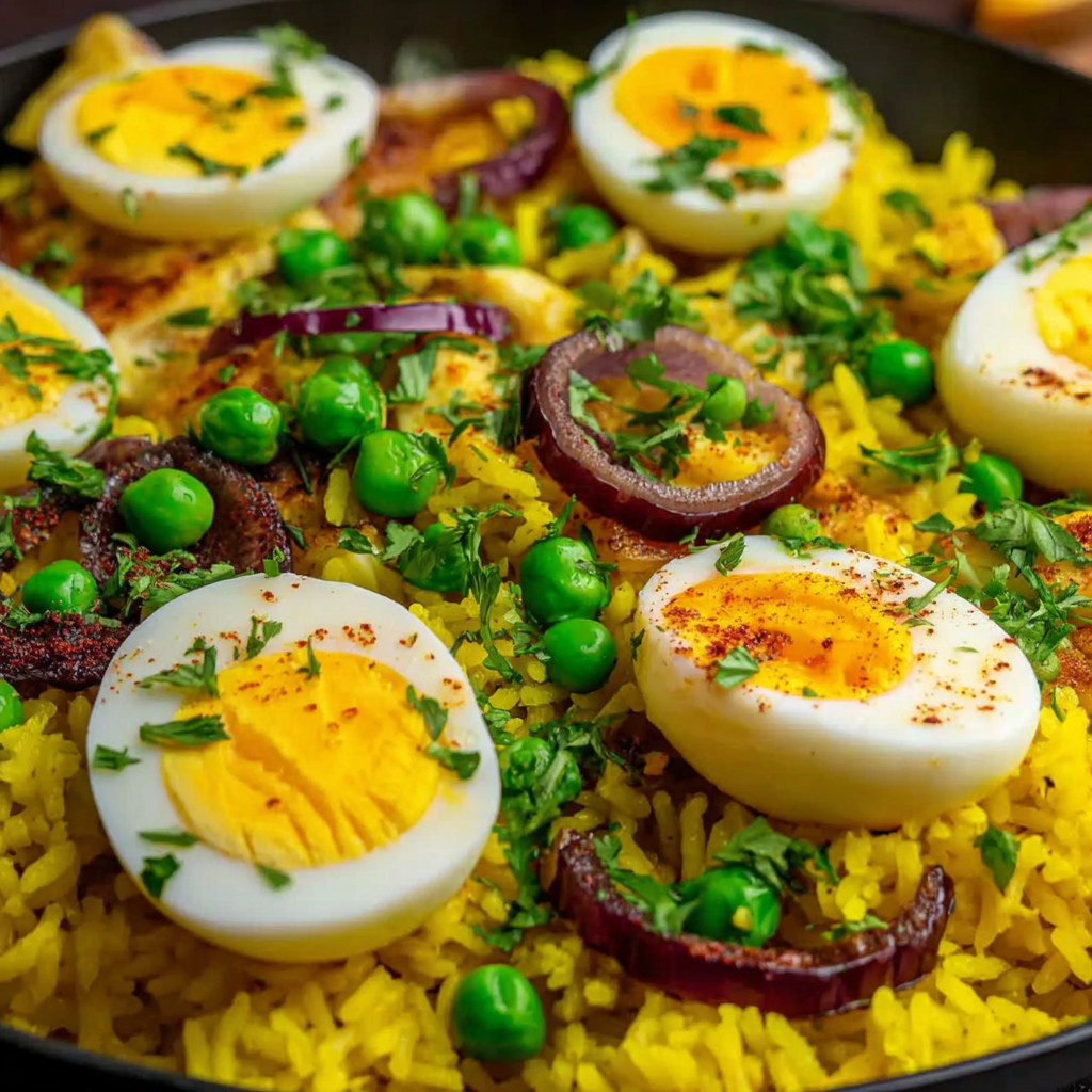 A dish of rice with eggs and peas.