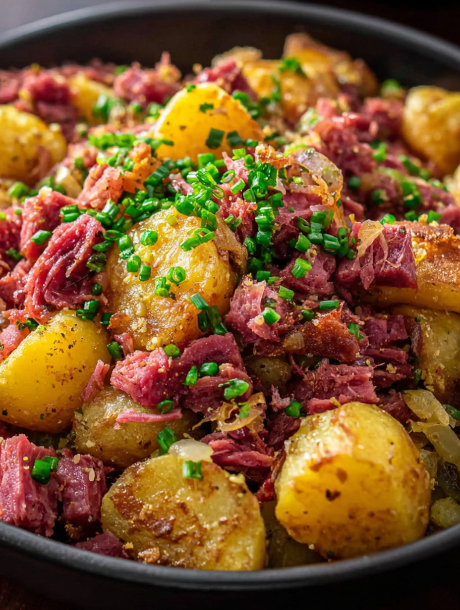 A delicious corned beef hash dish.