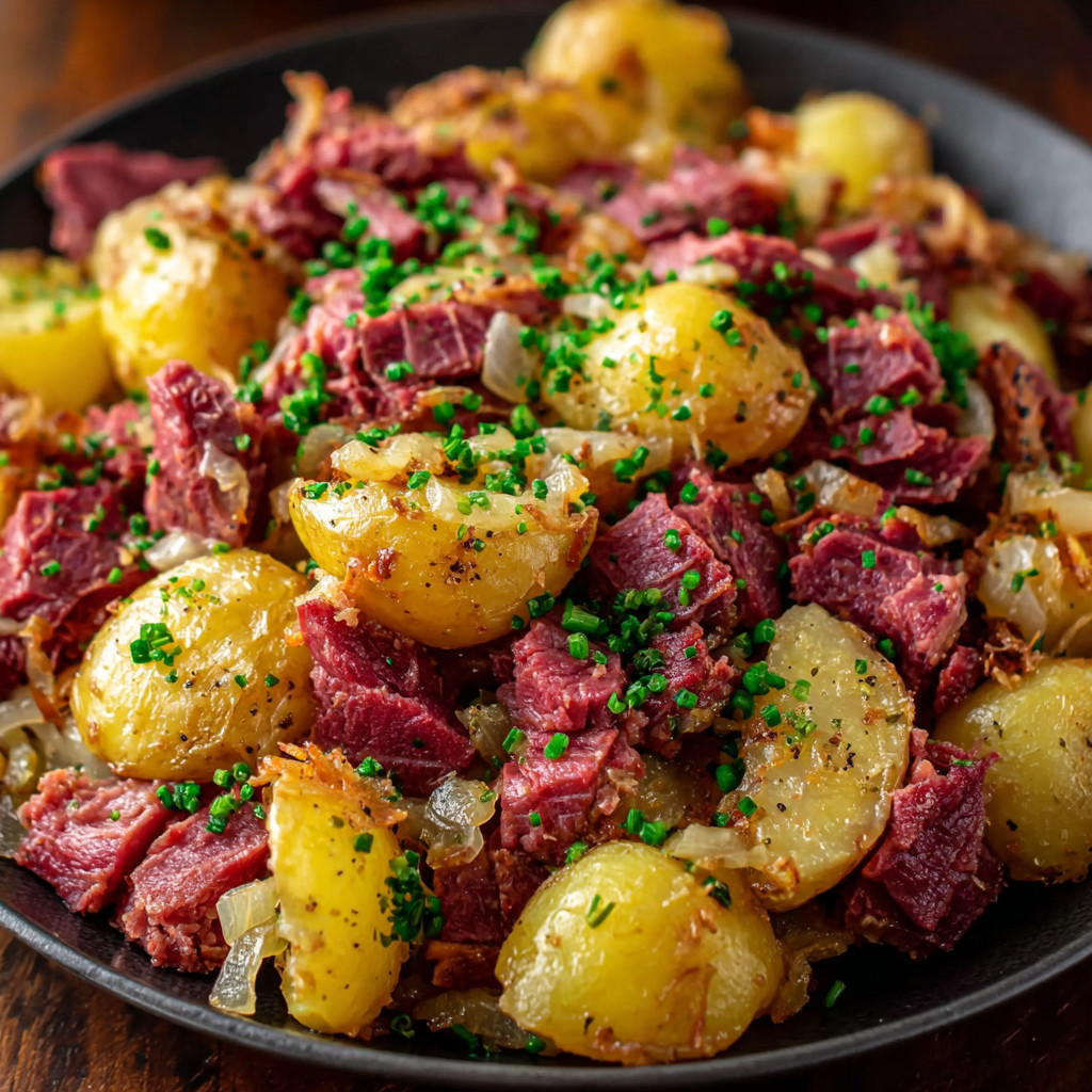 A plate of corned beef hash with potatoes and onions.