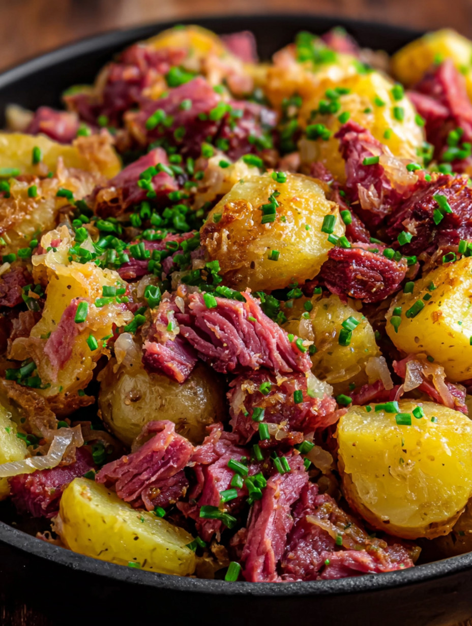 A close up of corned beef hash with green onions.