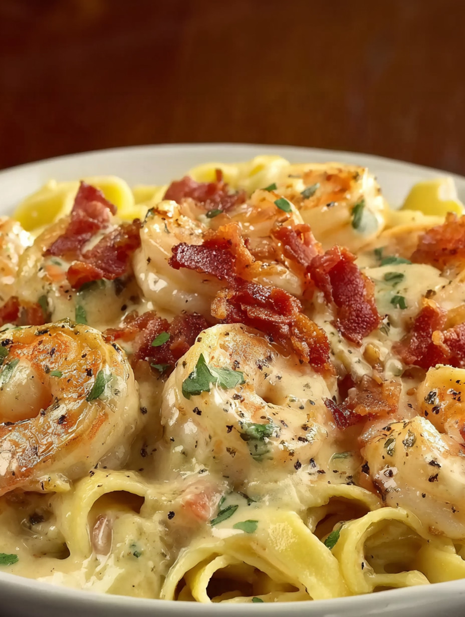 A plate of food with shrimp and bacon.