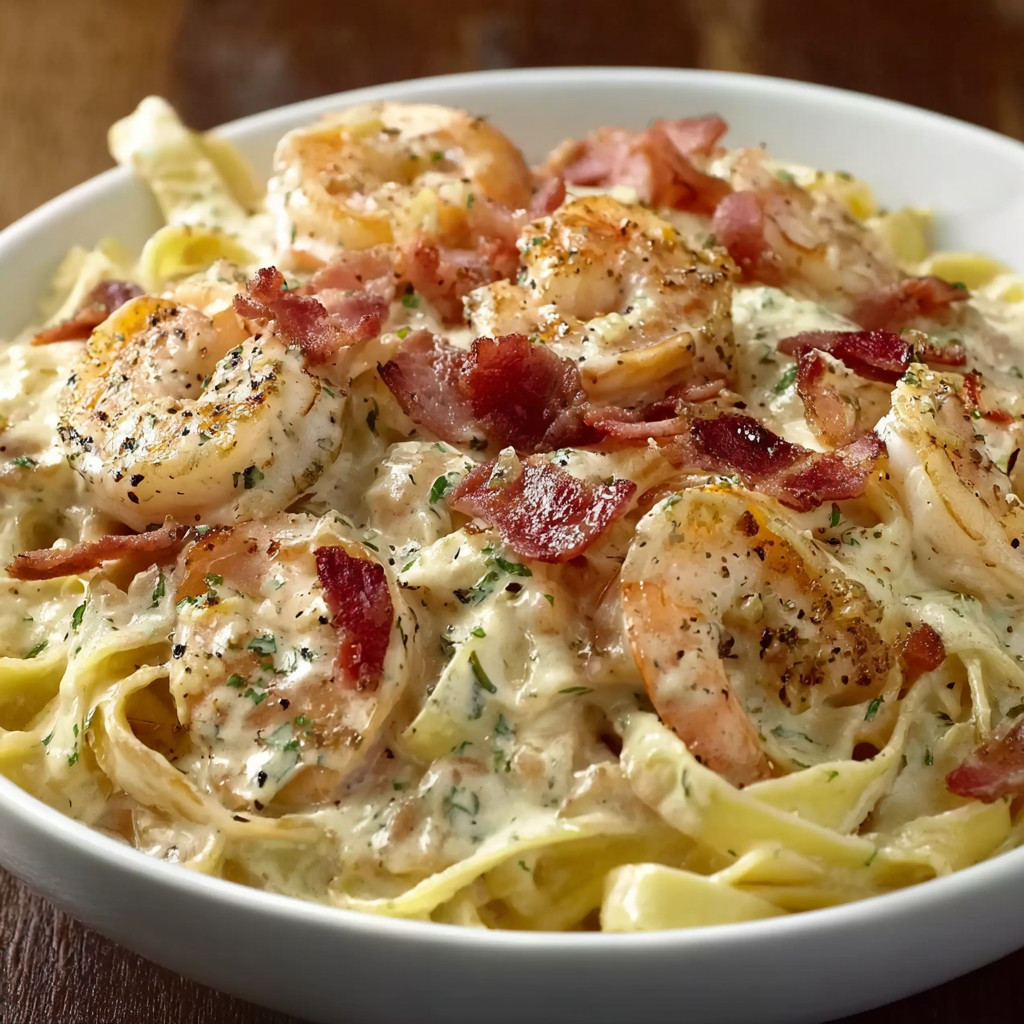 A plate of shrimp and chicken with bacon.