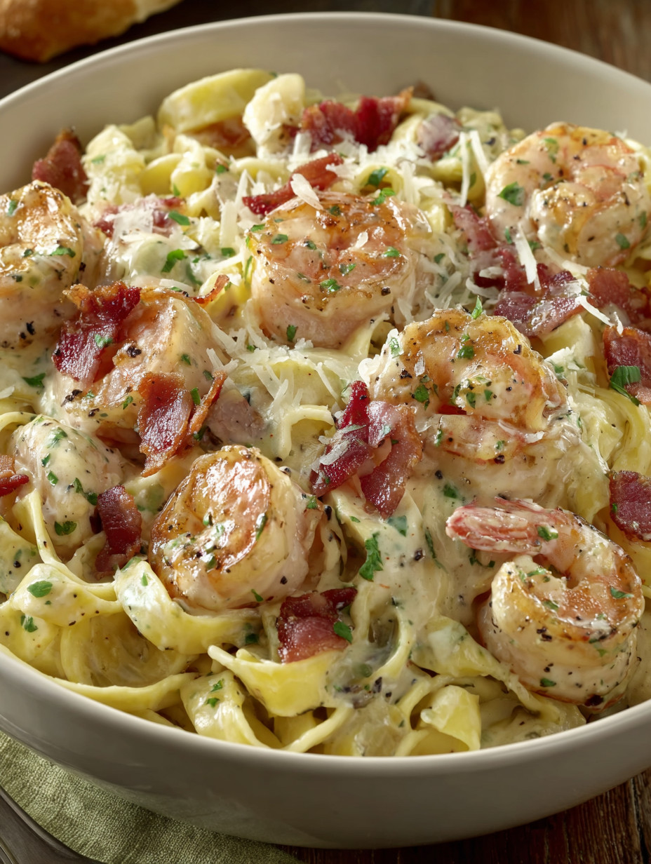 A bowl of pasta with shrimp and bacon.