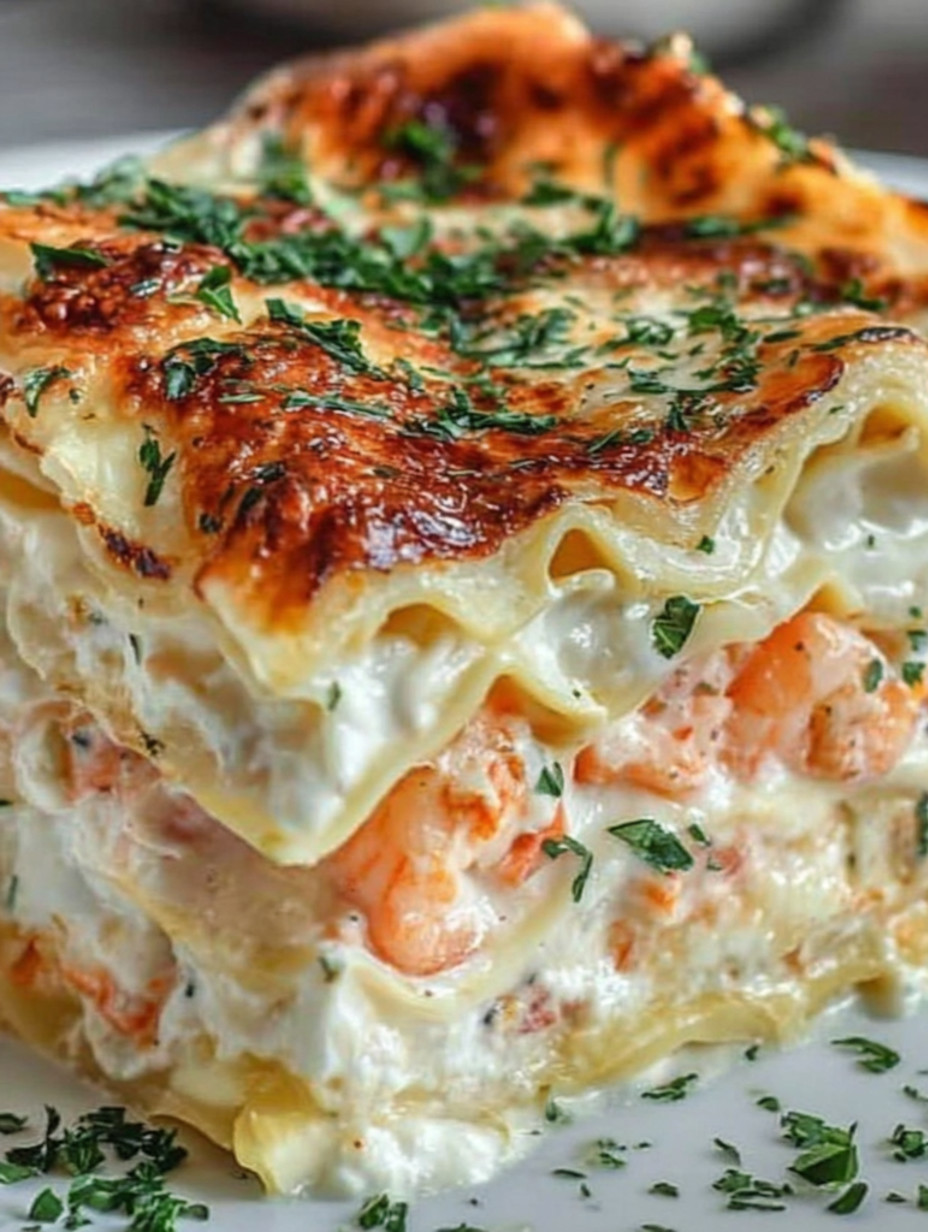 A close up of a seafood lasagna with bechamel.