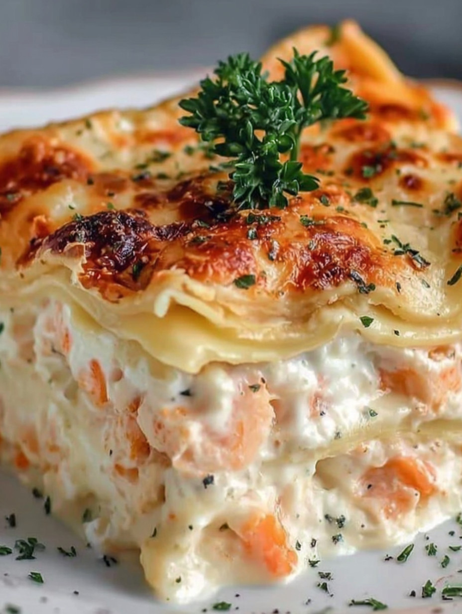 A seafood lasagna with bechamel.