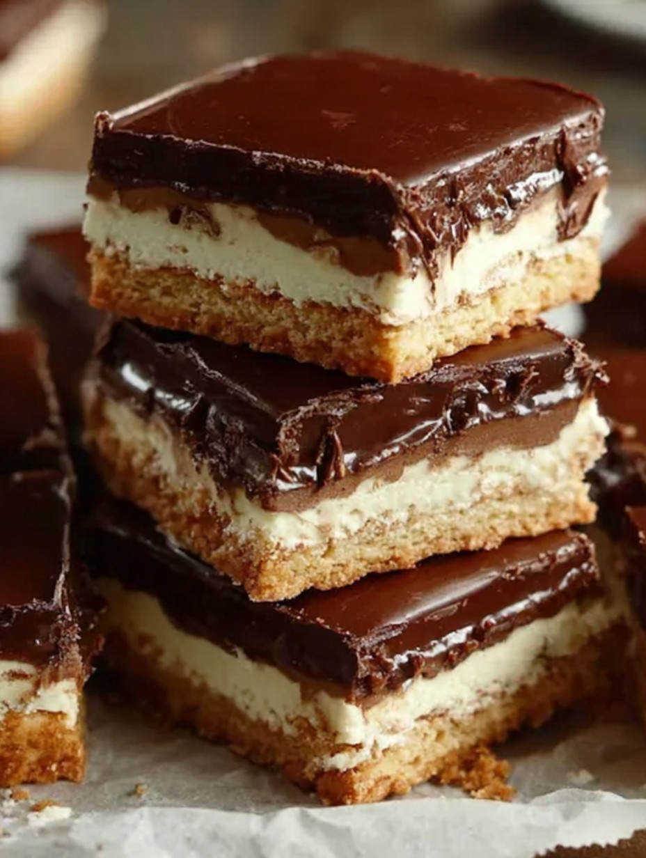 A stack of chocolate and vanilla bourbon biscuit tray bakes.