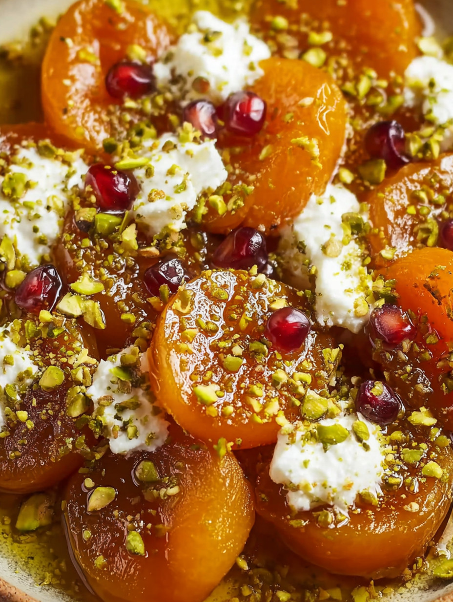 Apricots with white cheese and green spices.