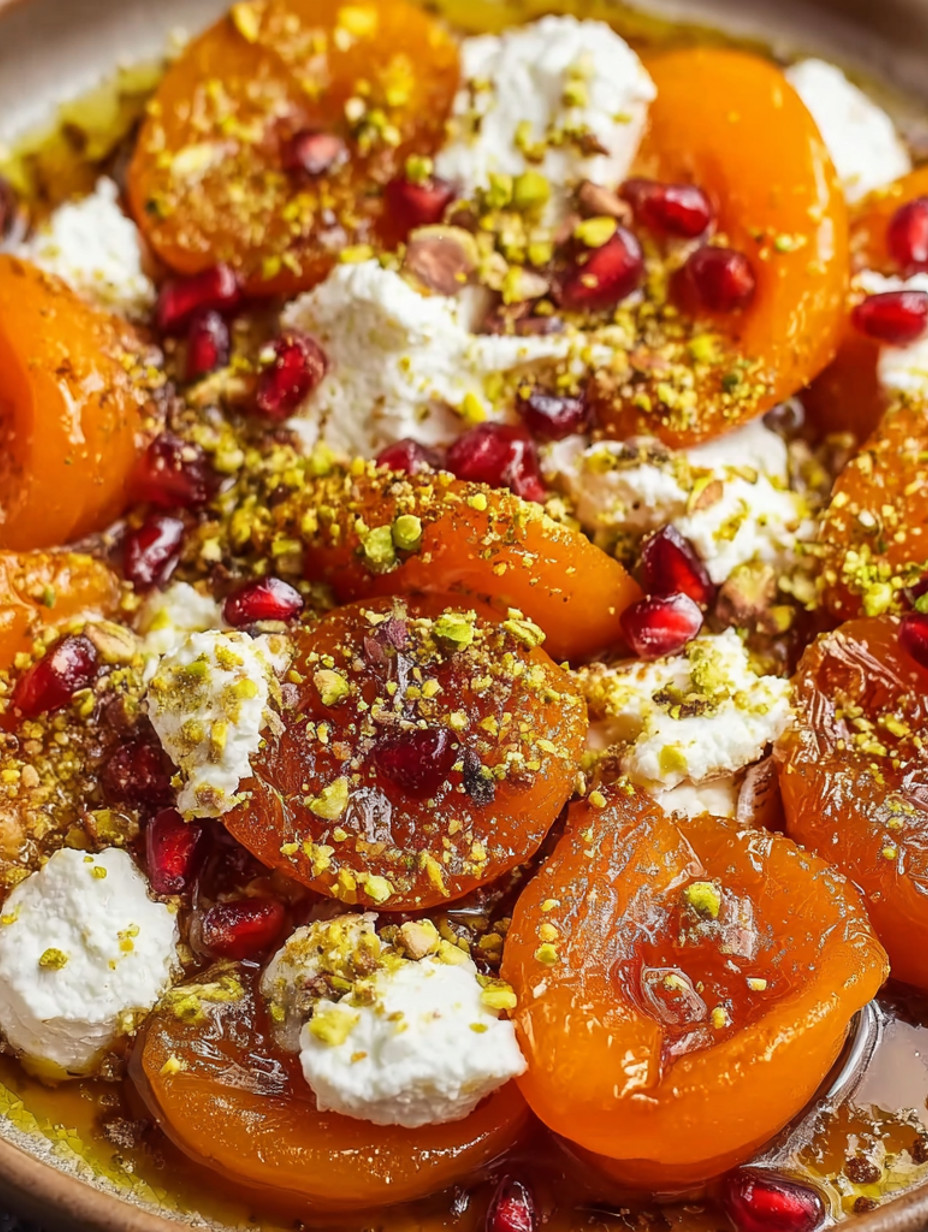 Apricots with white cheese and green spices.