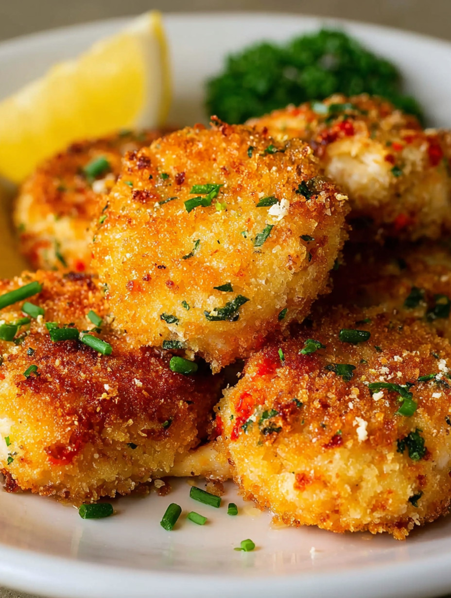 Golden shrimp cakes with veggies.