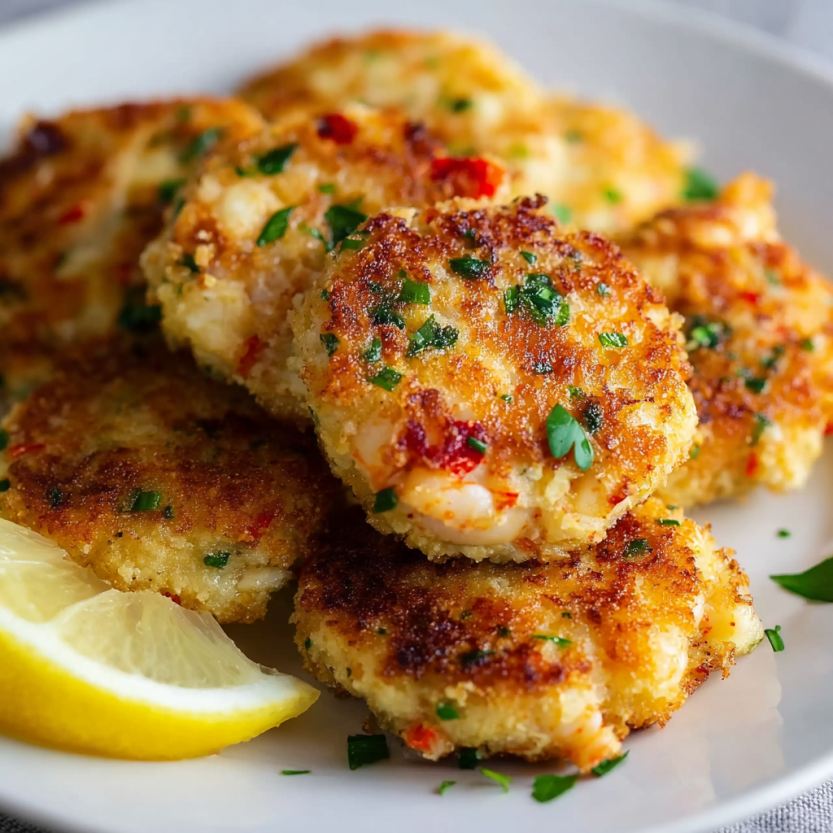 Golden shrimp cakes with veggies on a white plate.