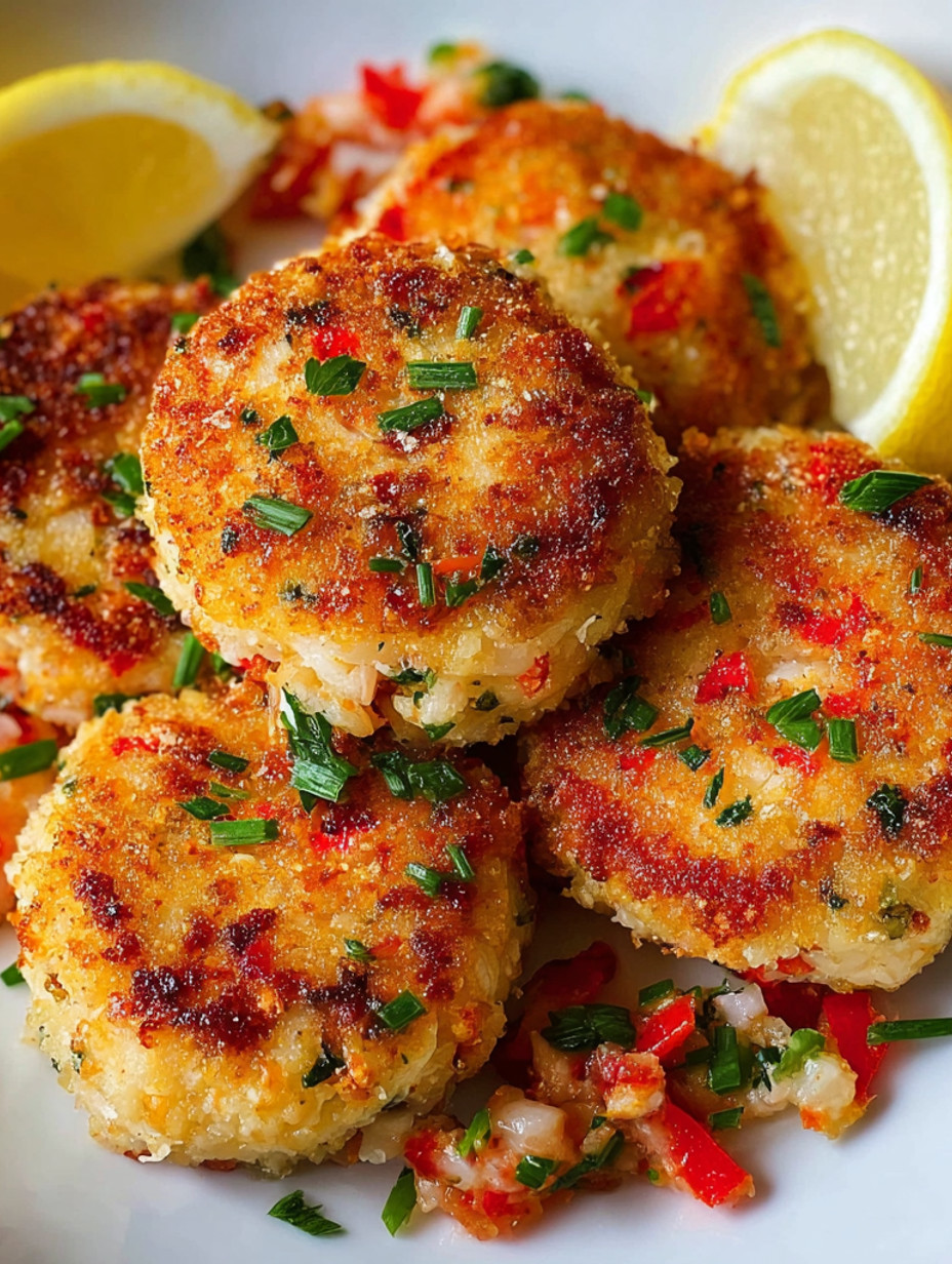 Golden shrimp cakes with veggies.