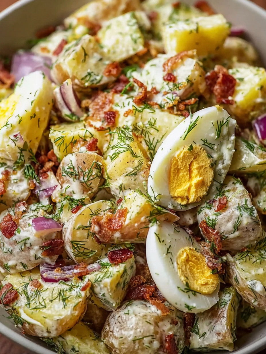 A dill pickle potato salad with eggs.