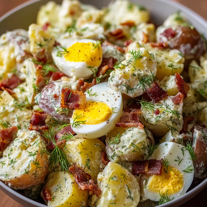 A bowl of dill pickle potato salad.