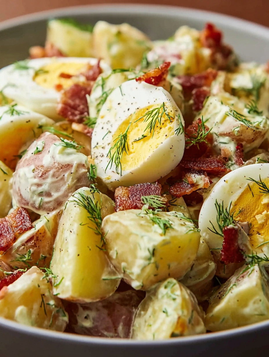 A dill pickle potato salad with eggs.