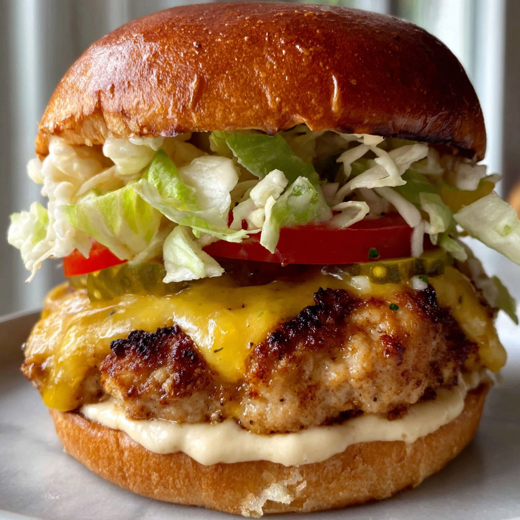 A burger with lettuce, tomato, pickles, and cheese.
