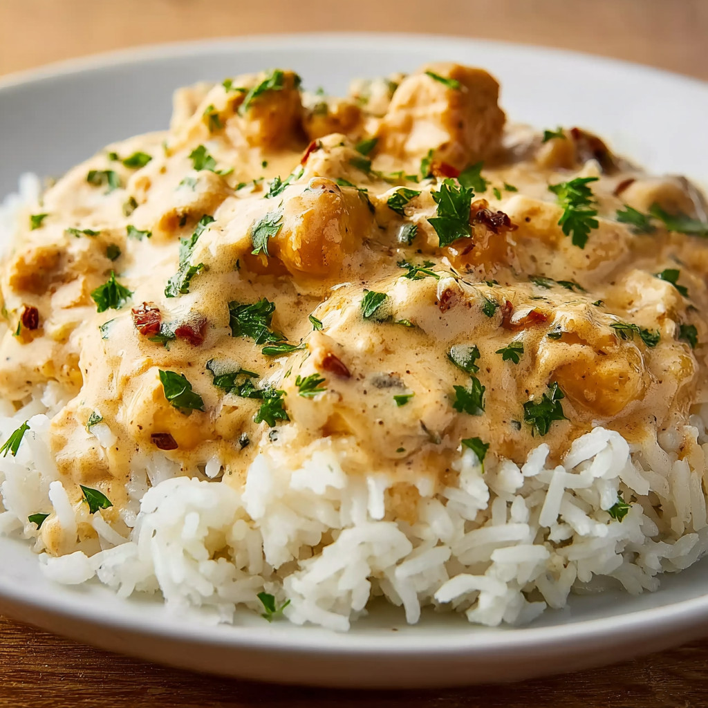 A plate of rice with chicken and cream sauce.