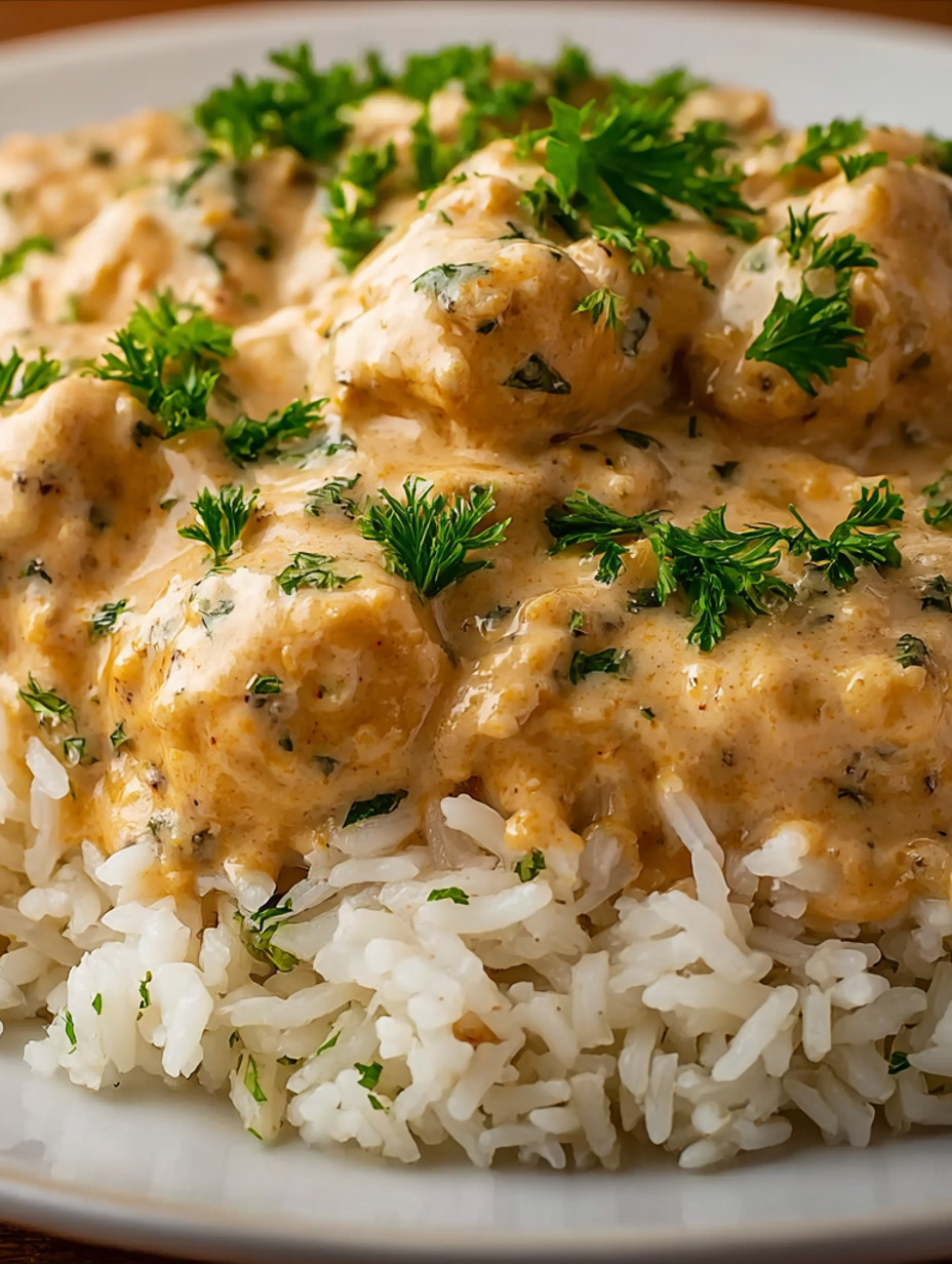 A plate of rice with chicken and cream sauce.