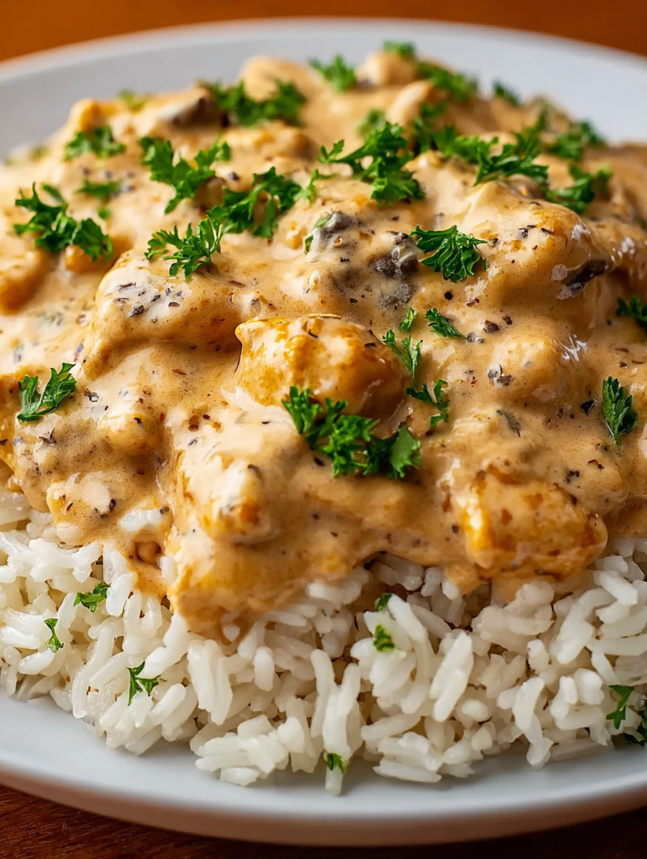 A plate of rice with a creamy smothered chicken dish.