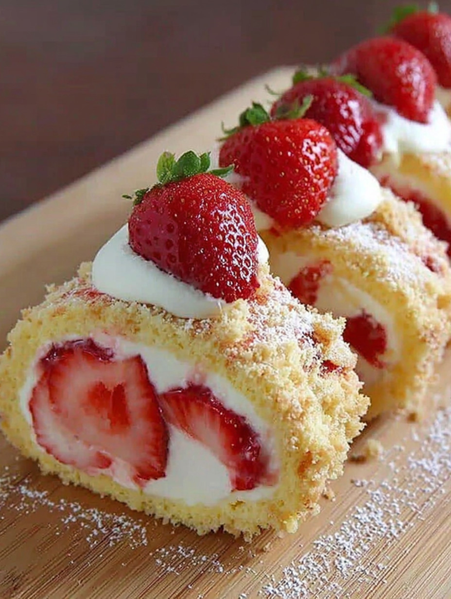 A dessert roll with strawberries and whipped cream.