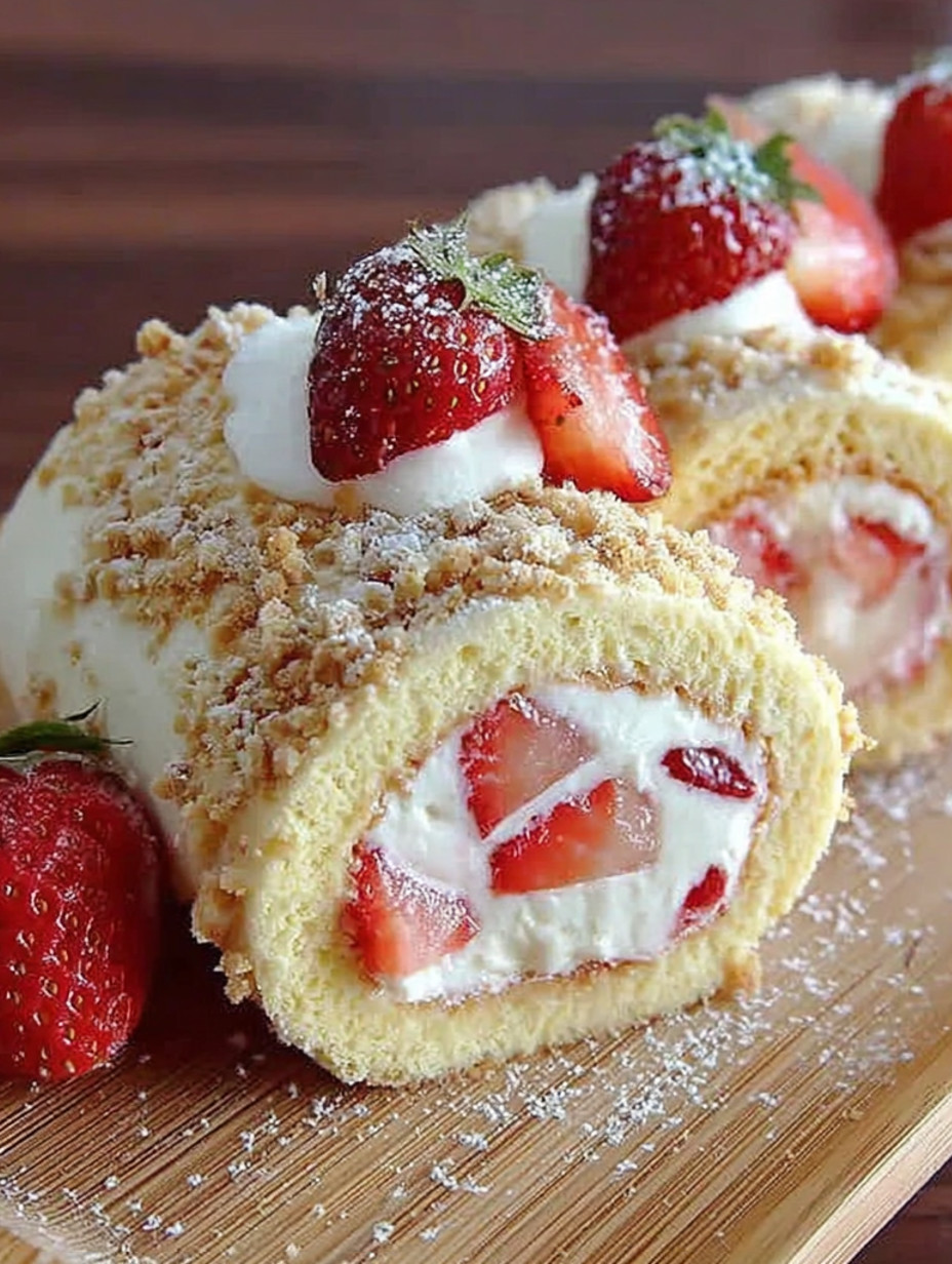 A dessert roll with strawberries and whipped cream.