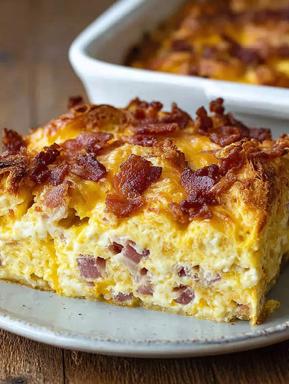 A slice of bacon and cheese casserole.