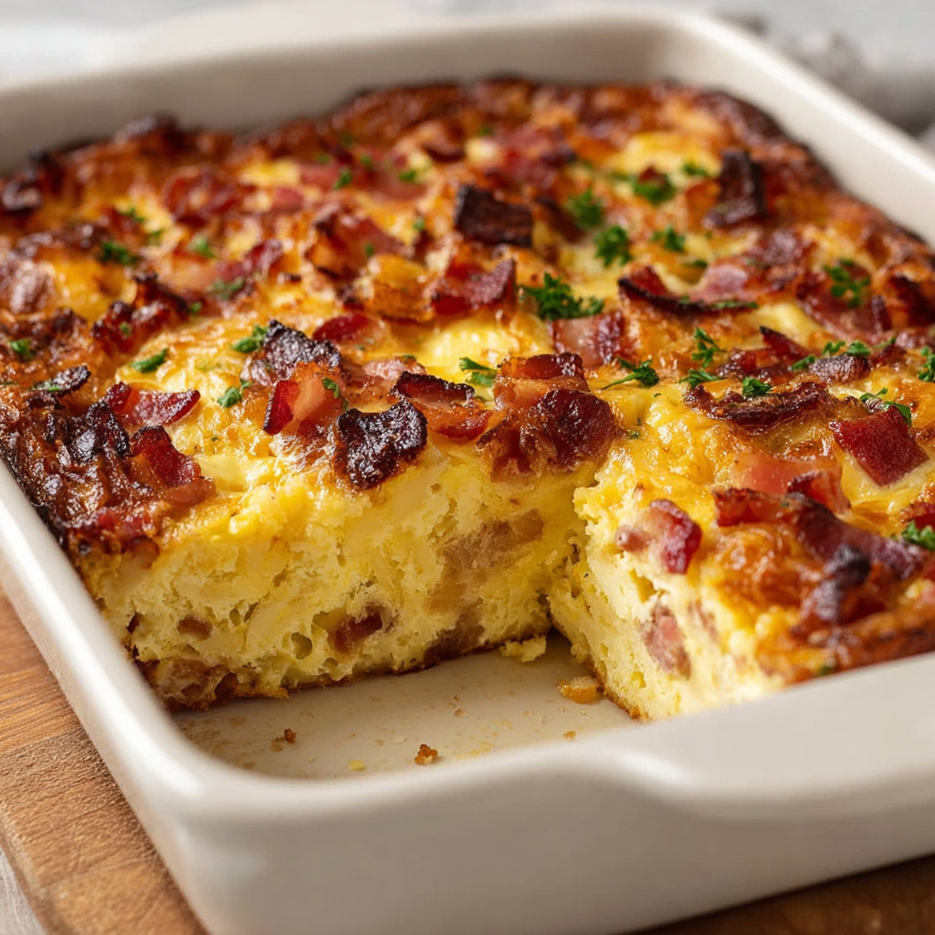 A square white dish with a slice of bacon and cheese casserole.