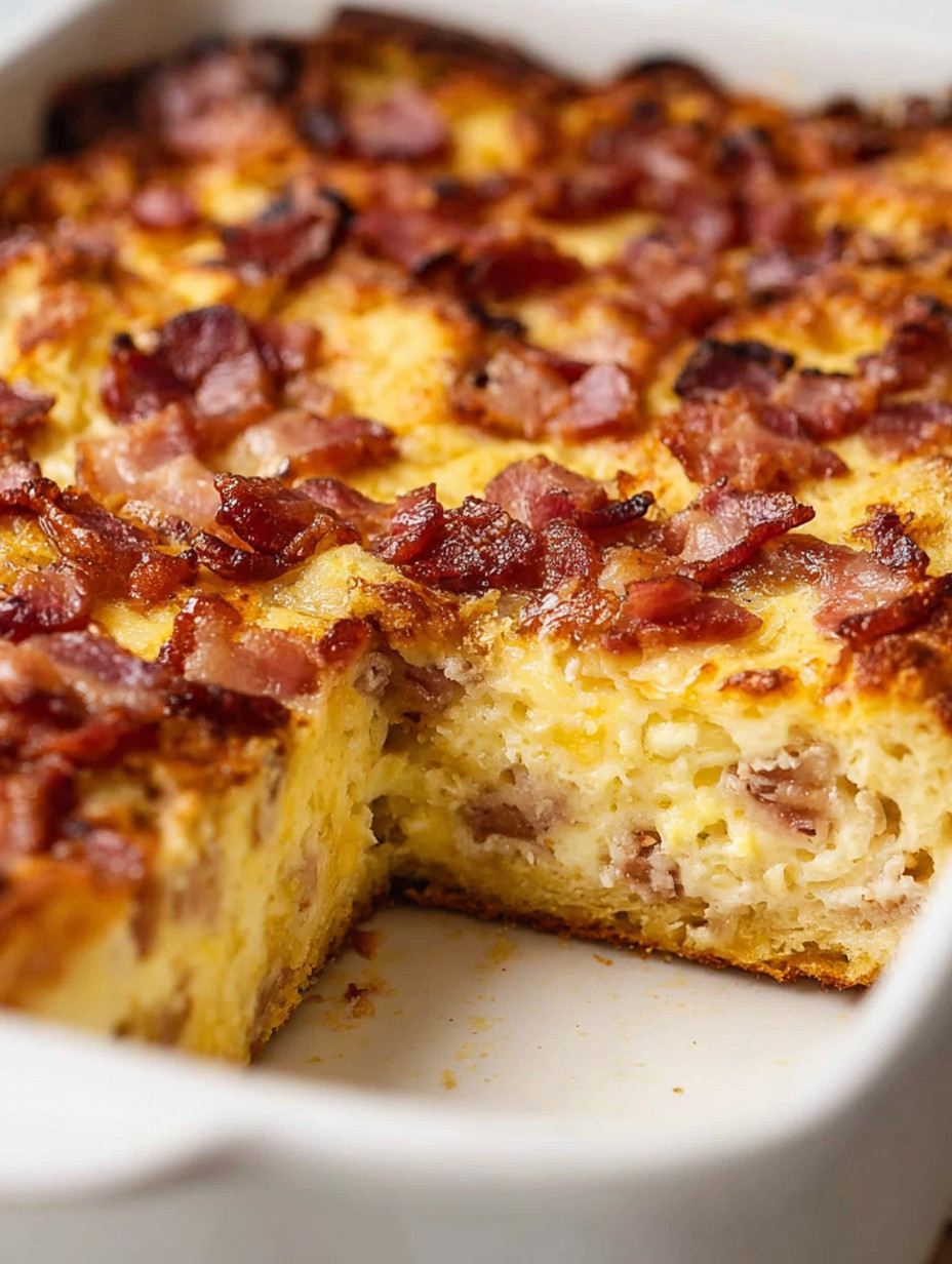 A slice of bacon and cheese casserole.