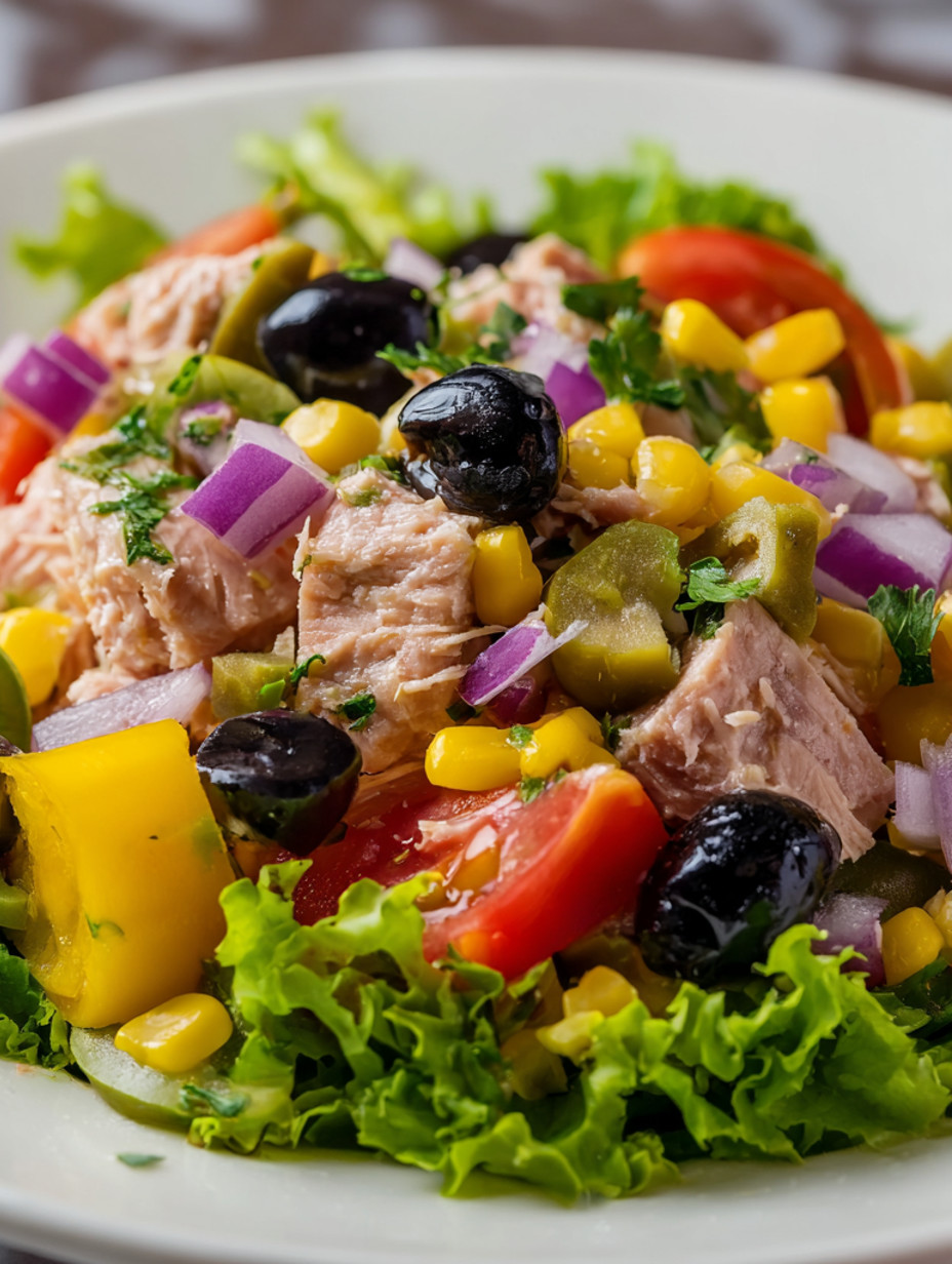 A close up of a salad with tuna, tomatoes, corn, olives, and lettuce.