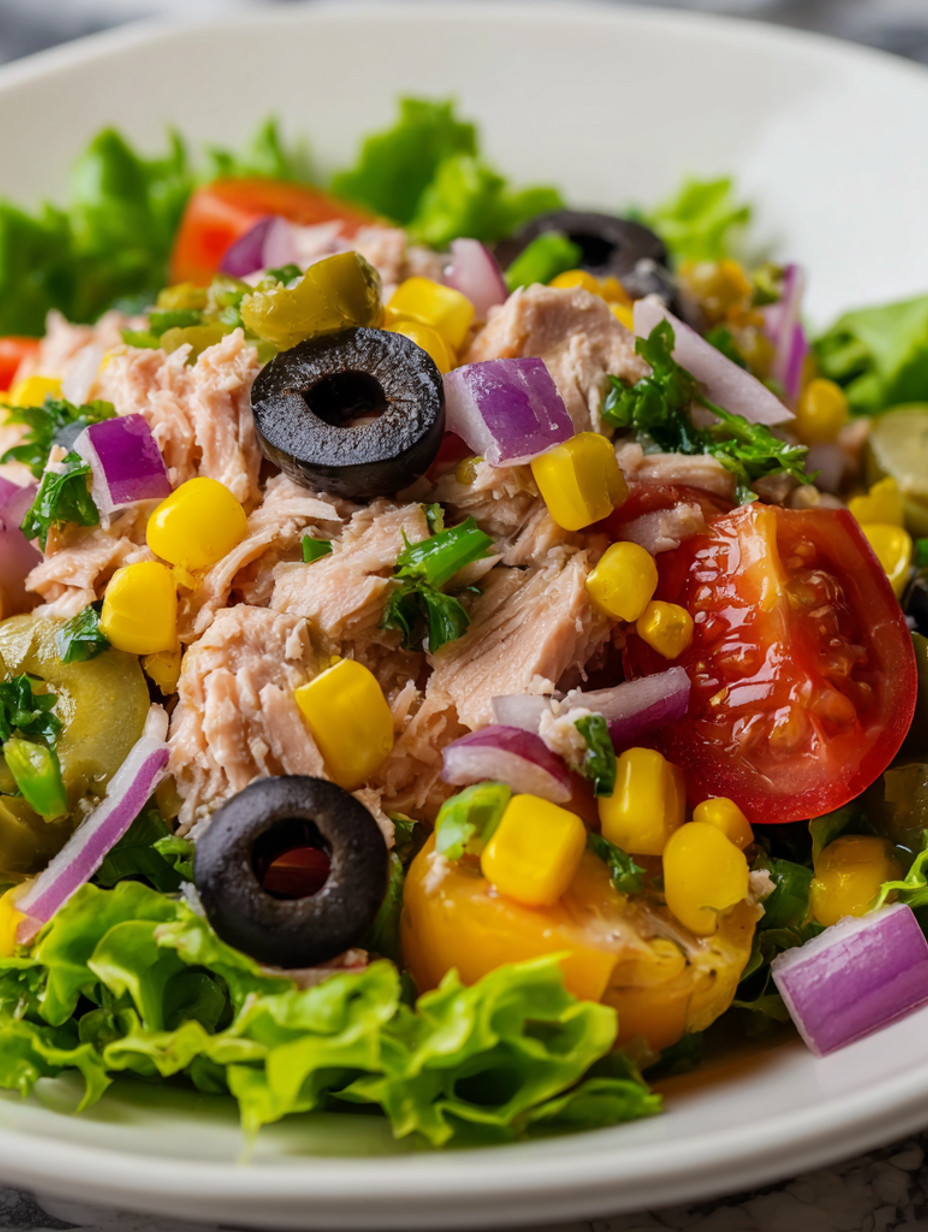 A salad with tuna, tomatoes, corn, olives, and lettuce.