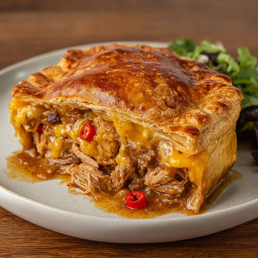A slice of brisket pot pie with cheddar cheese.