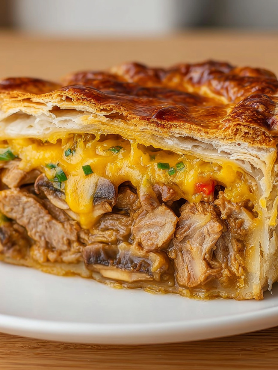 A close up of a pot pie with mushrooms and cheese.