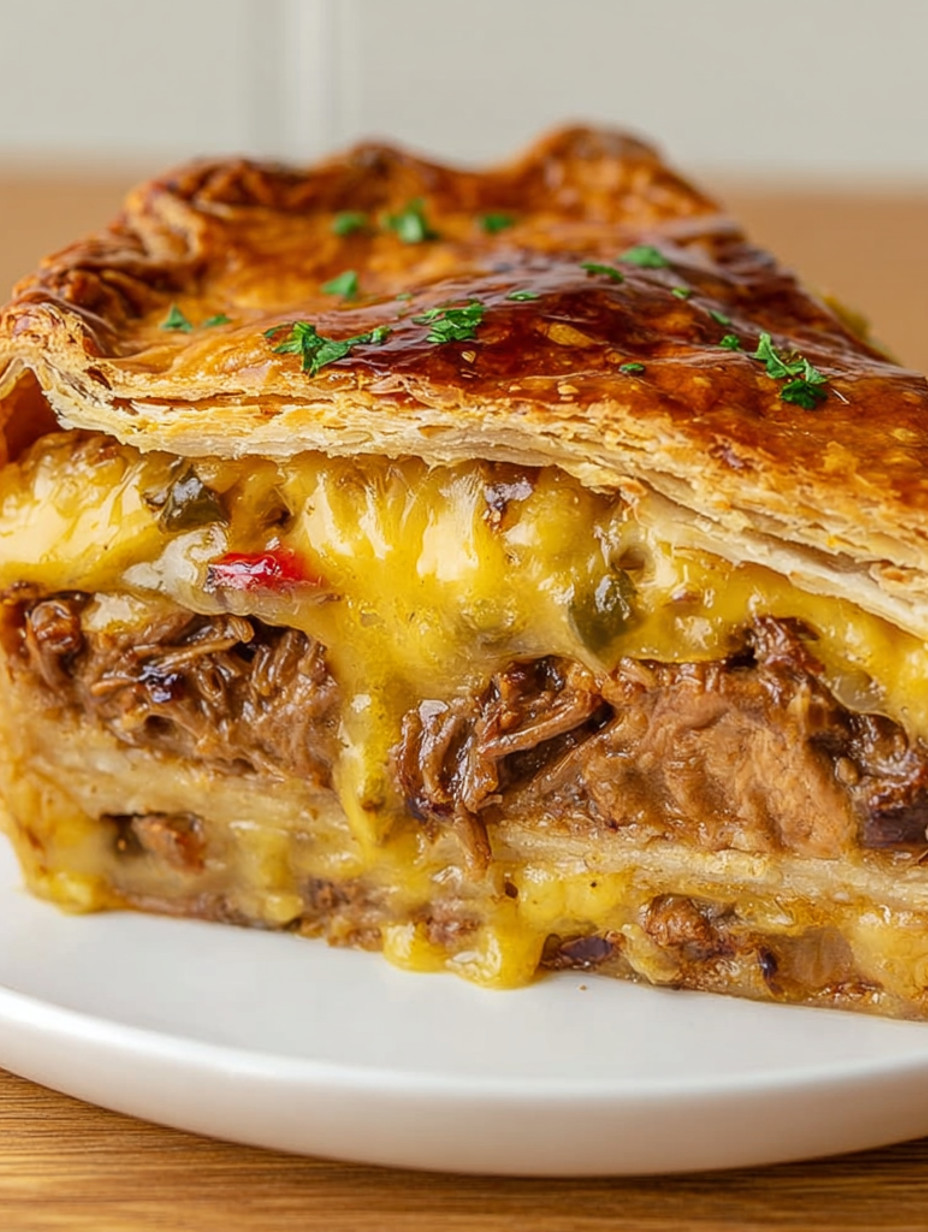 A slice of brisket pot pie with cheddar cheese.