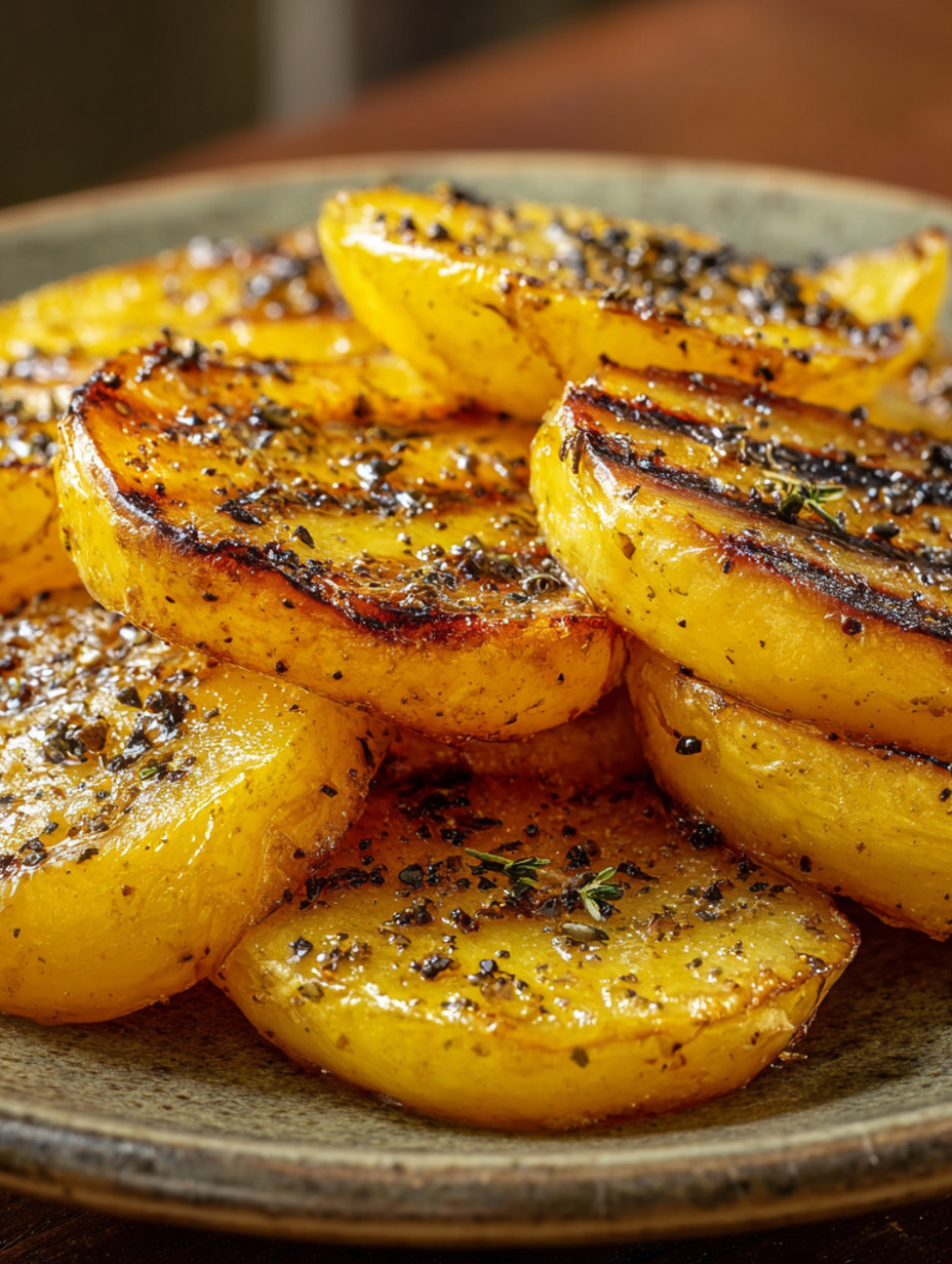 A plate of grilled potatoes with herbs on top.
