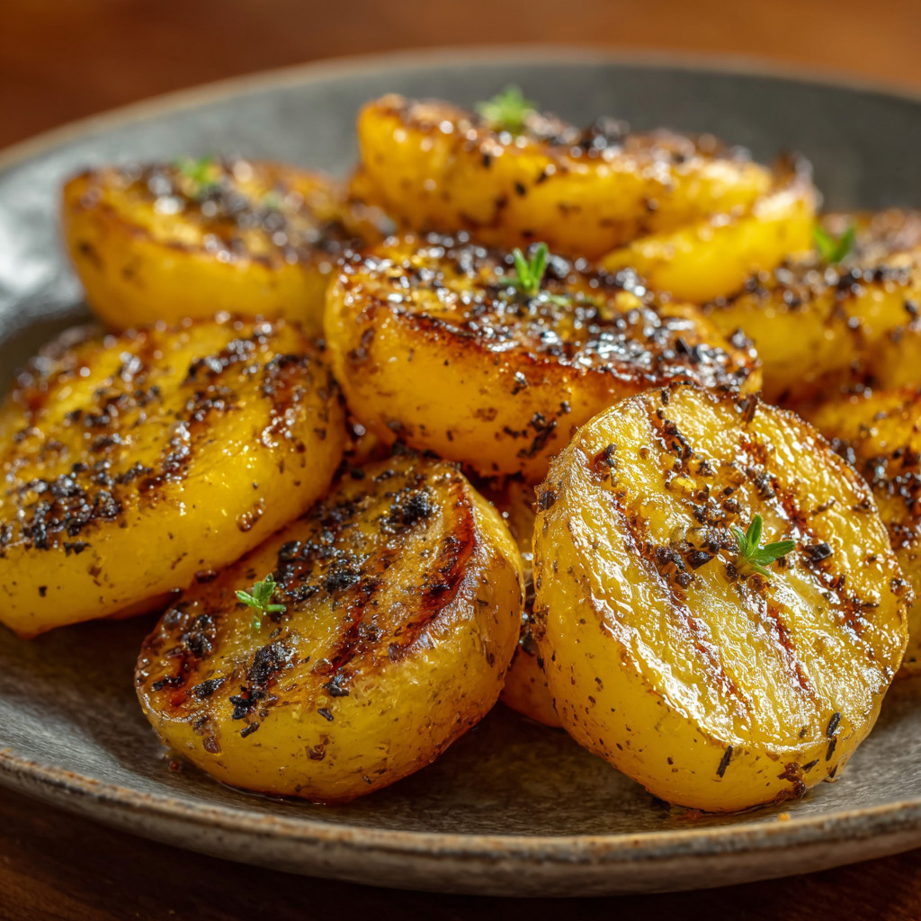 A plate of grilled potatoes with seasoning.