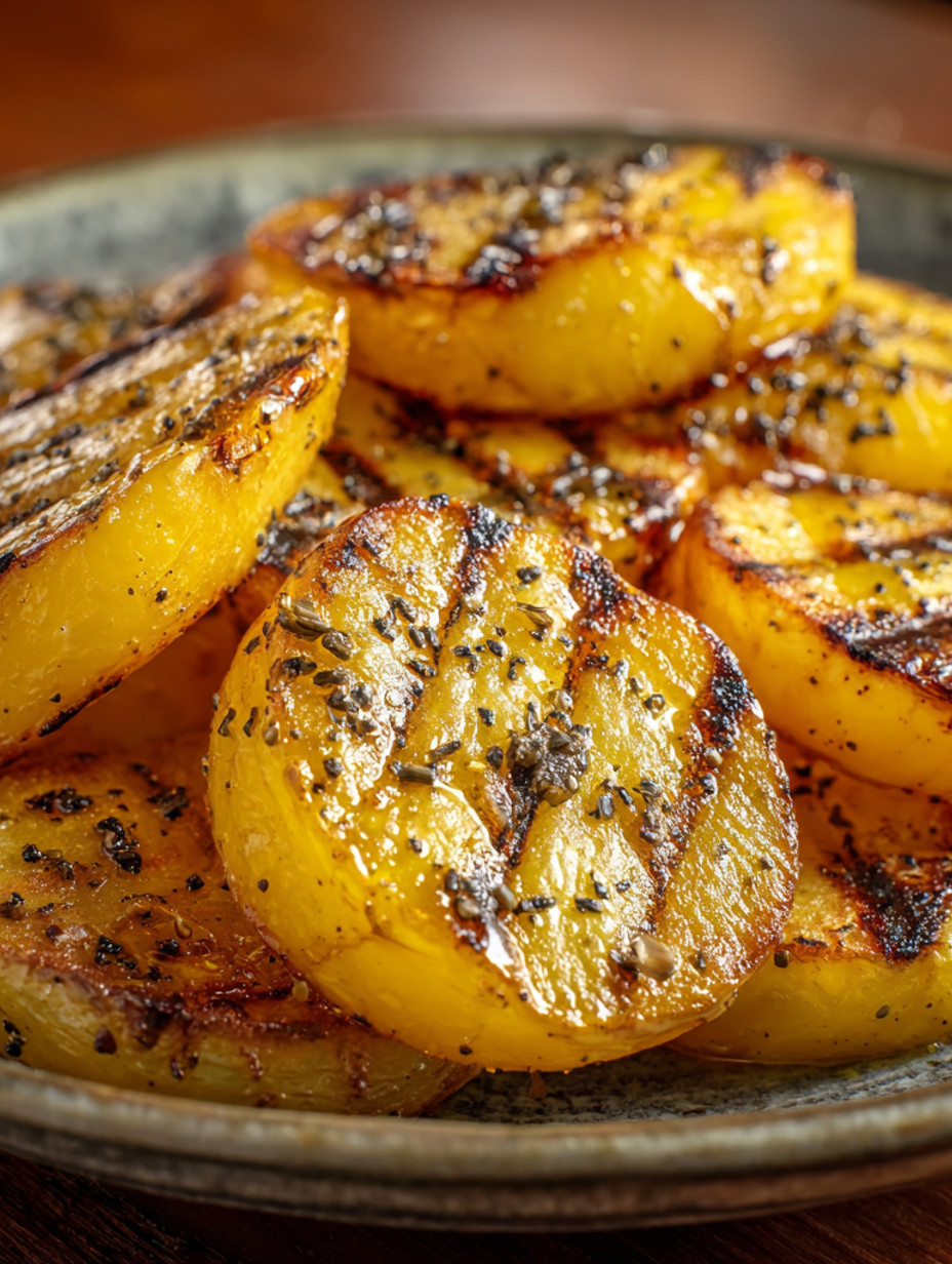A plate of grilled potatoes with seasoning.