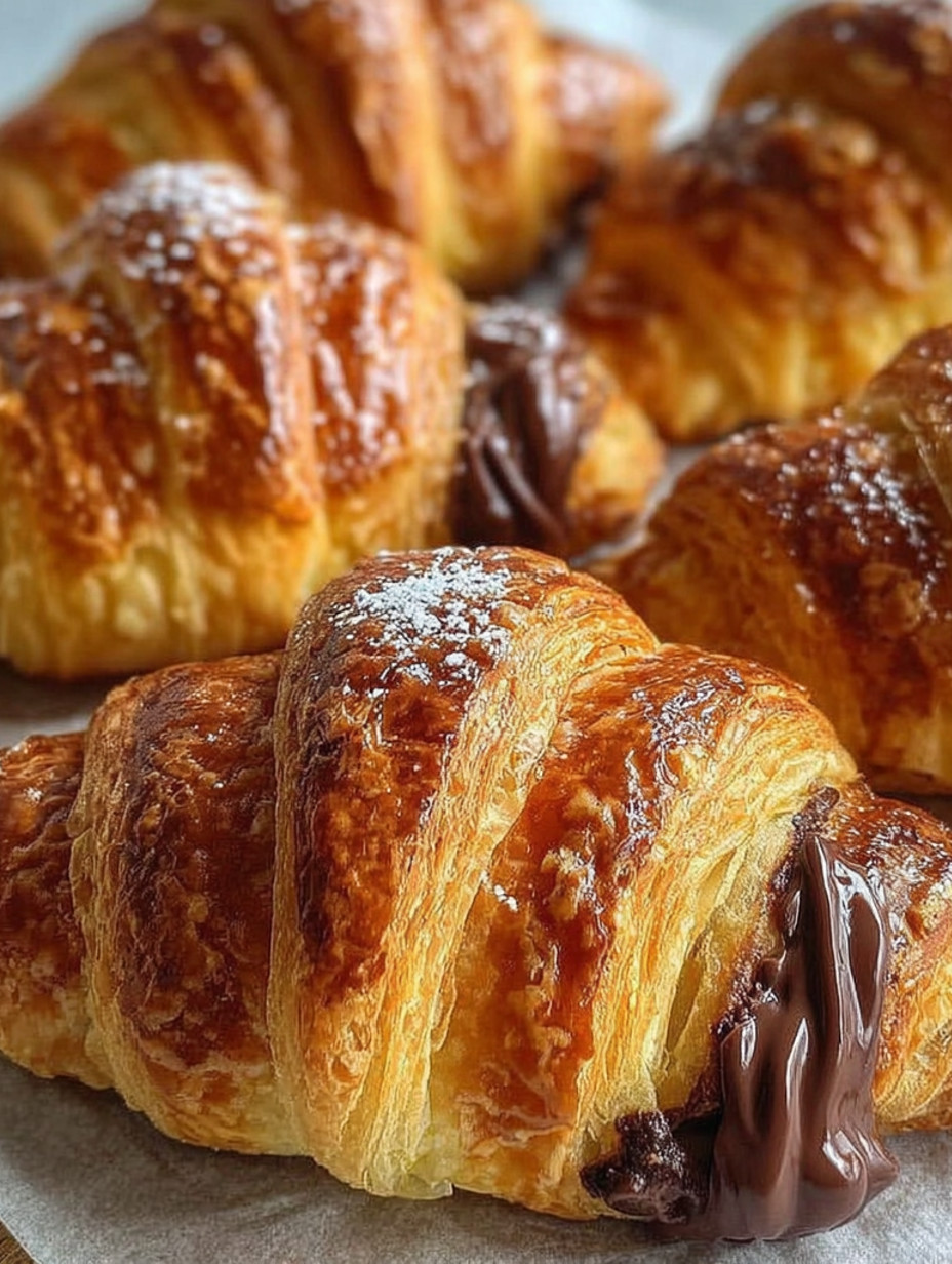 A plate of croissants with chocolate drizzled on top.