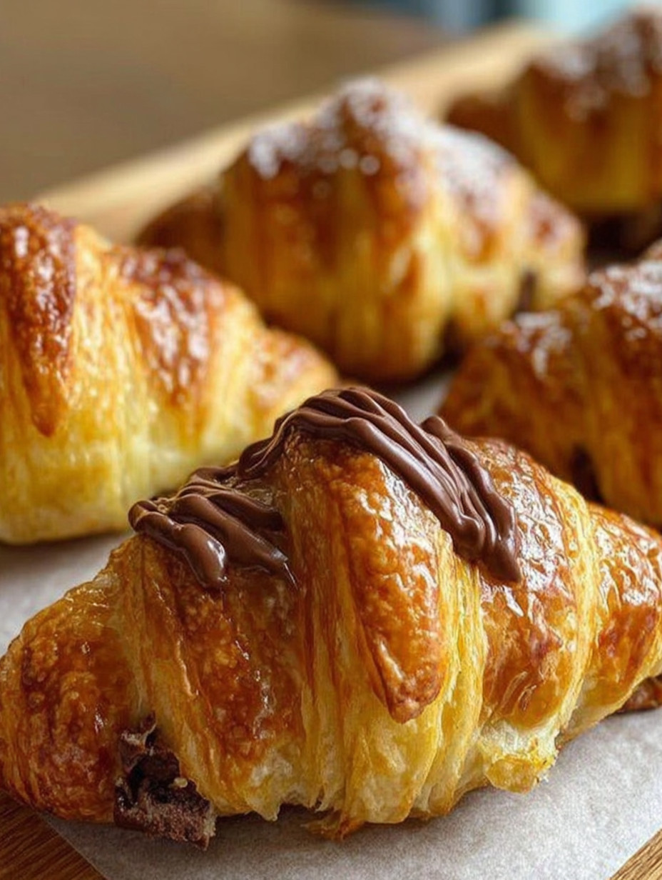 A plate of croissant with chocolate drizzled on top.