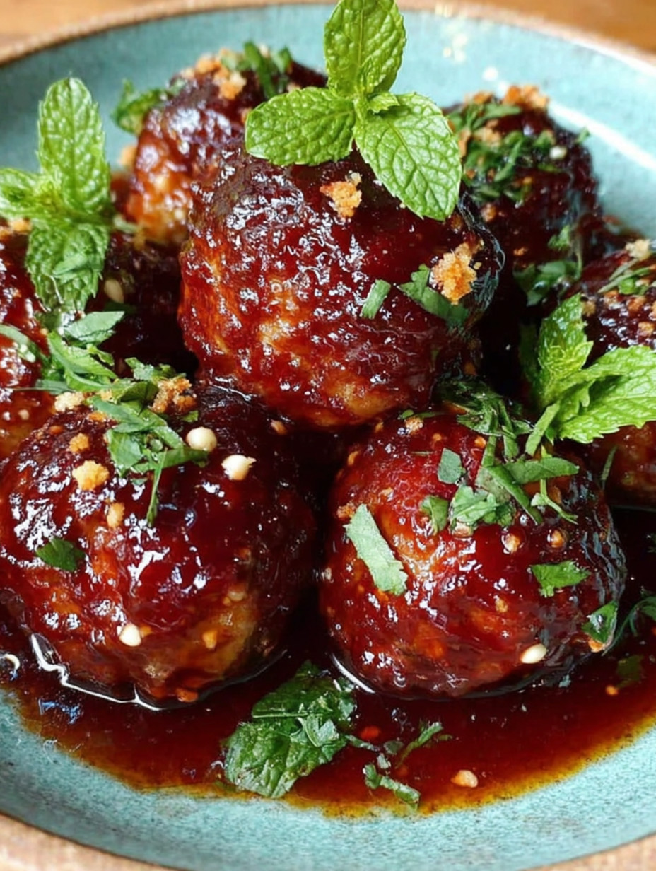 Sweet and spicy meatballs on a plate.