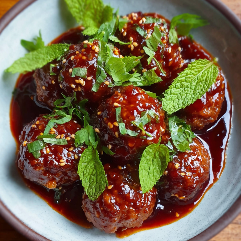 A bowl of meatballs with a spicy sauce.