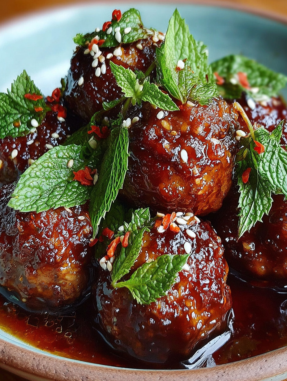 Sweet and spicy meatballs with mint leaves.