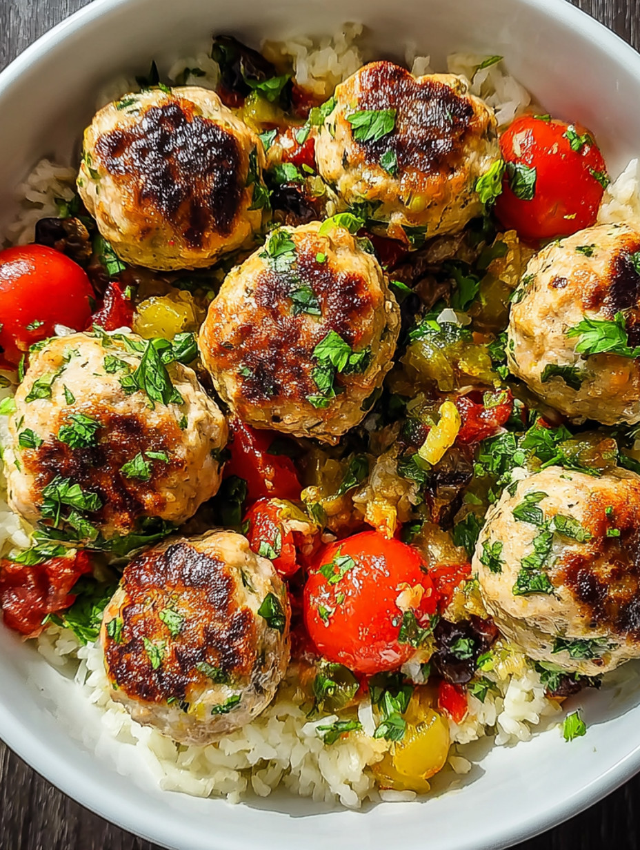 A bowl of Mediterranean chicken meatballs.