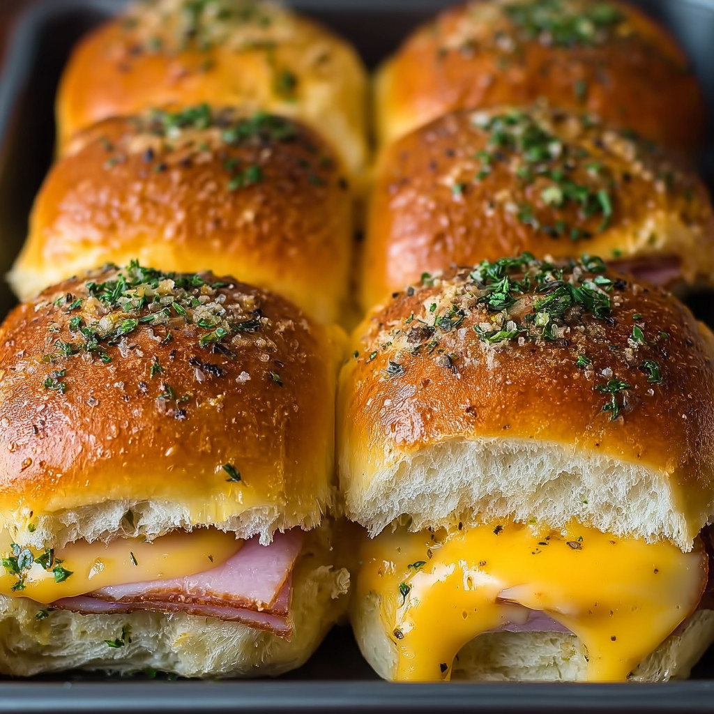 A tray of ham and cheese sliders.