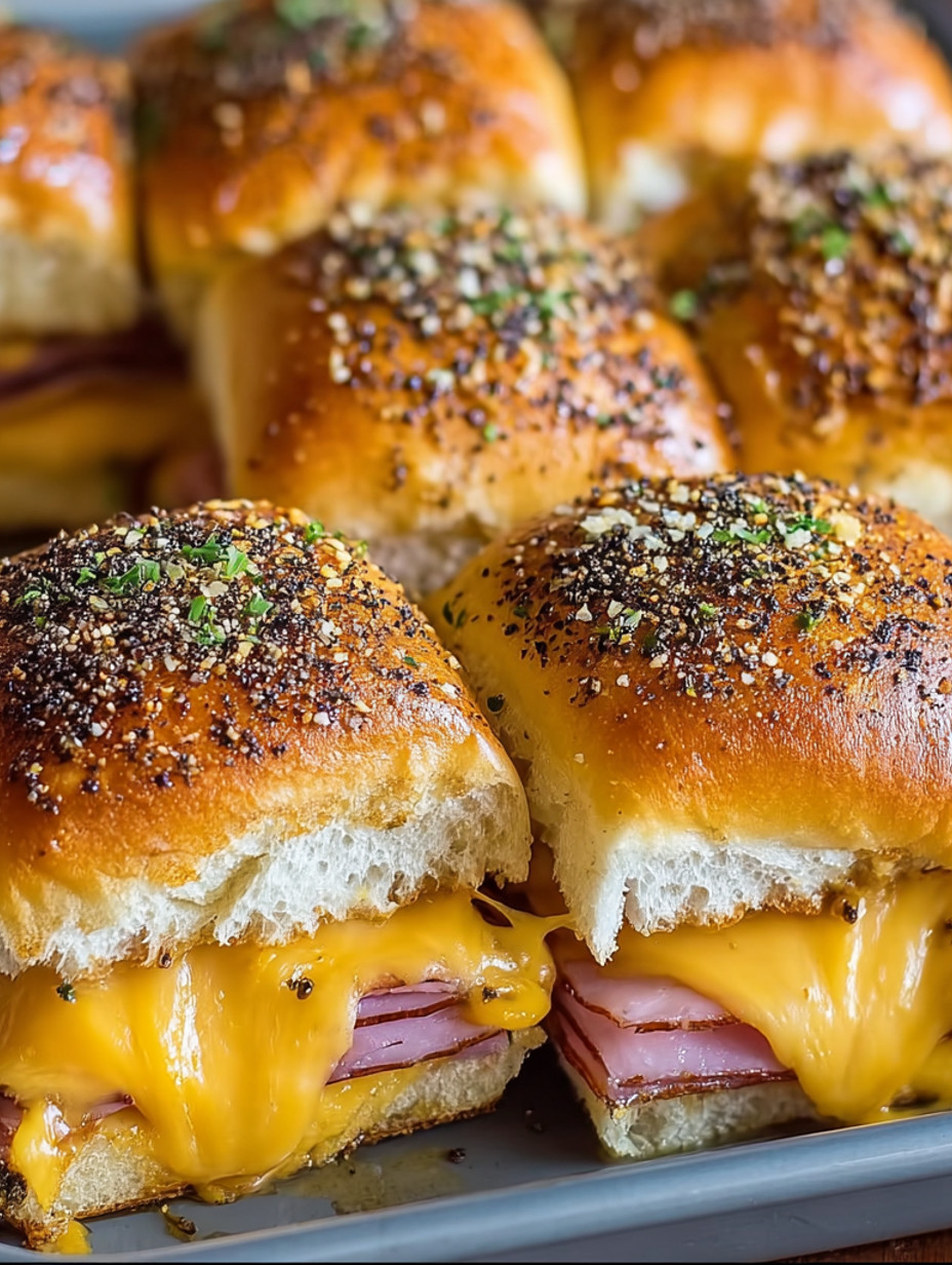 A close up of a ham and cheese slider.