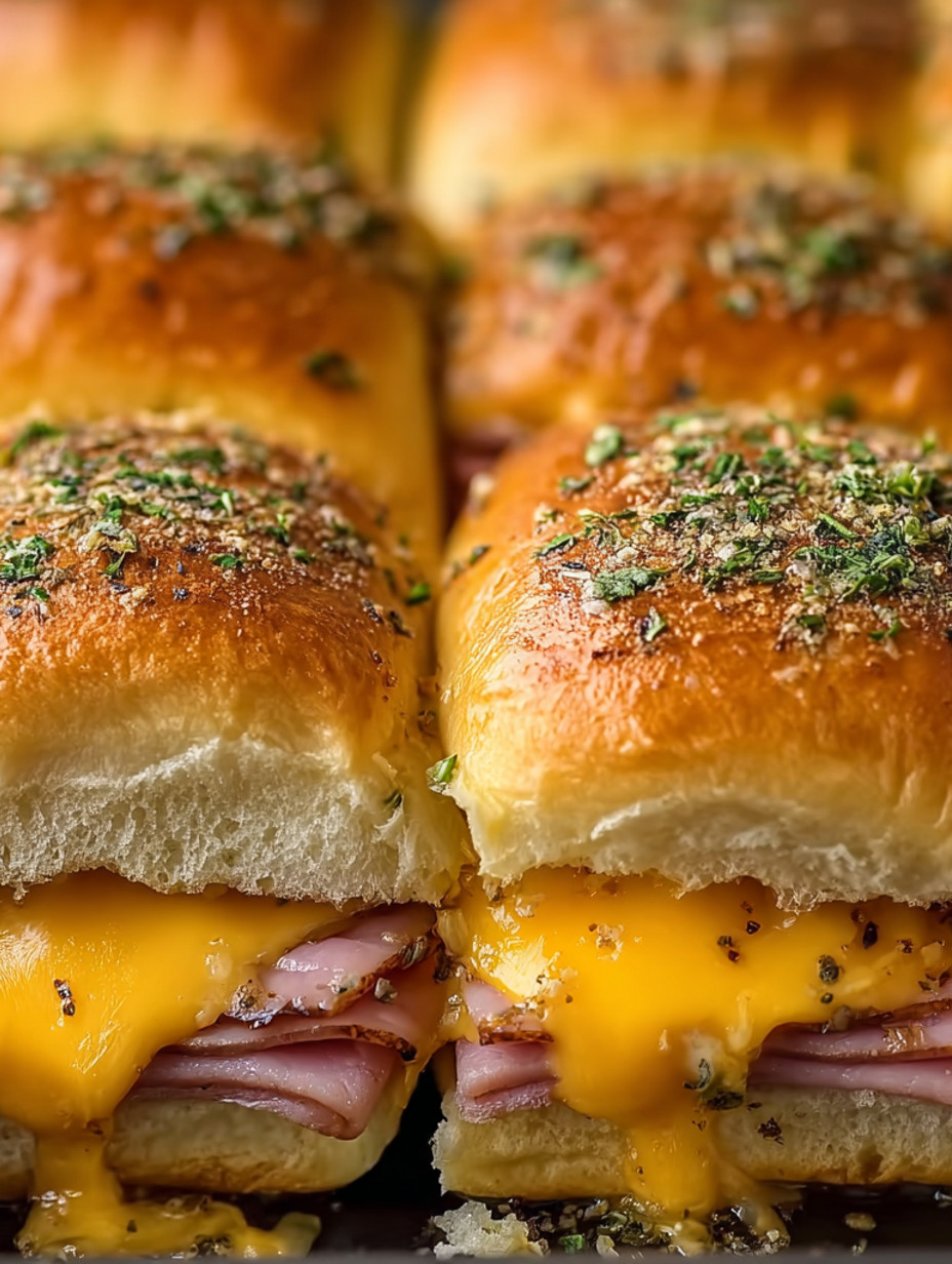 Two ham and cheese sliders on a bun.